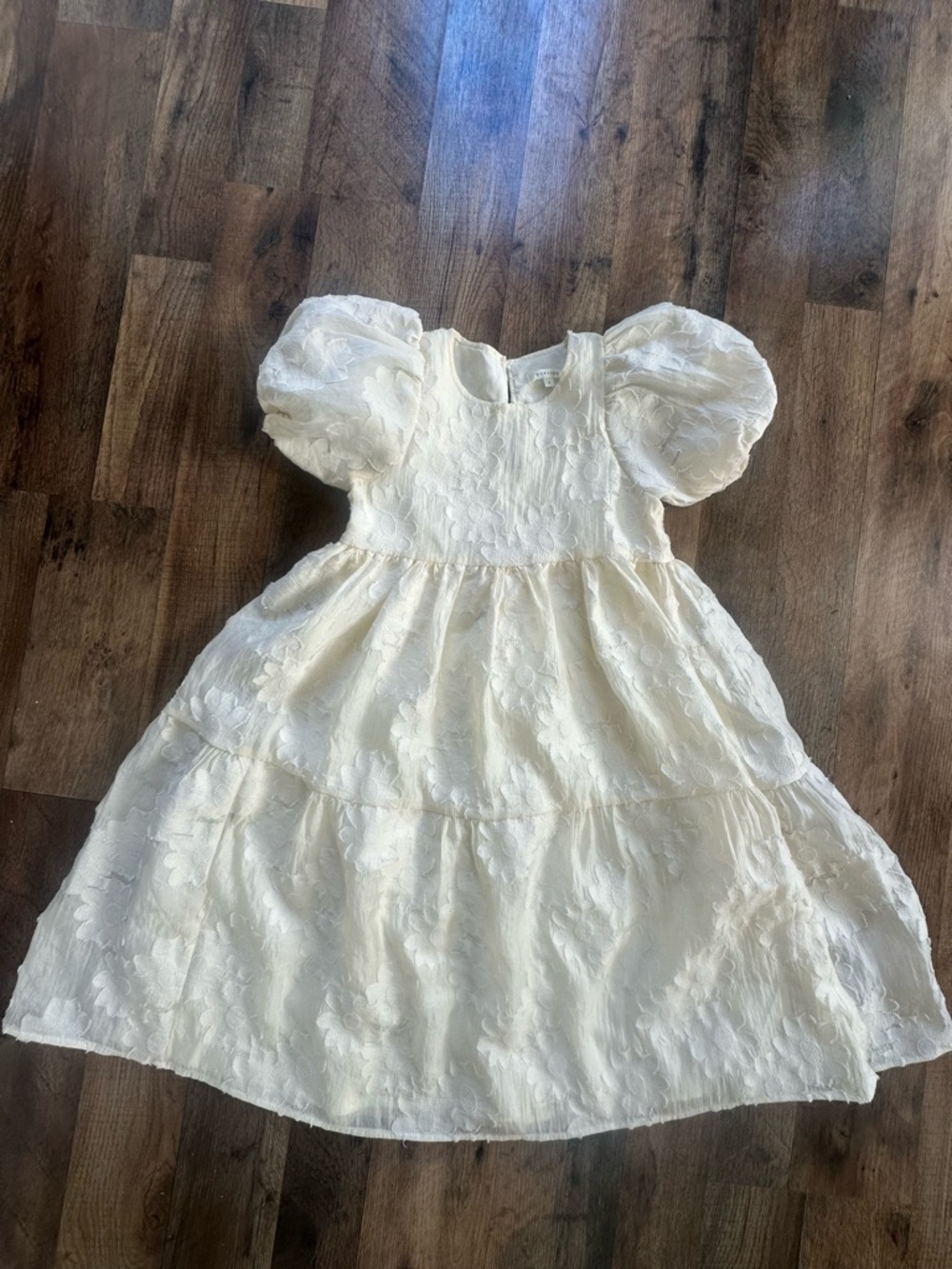 Ivory Puff-Sleeve Floral Tiered Dress for Girls